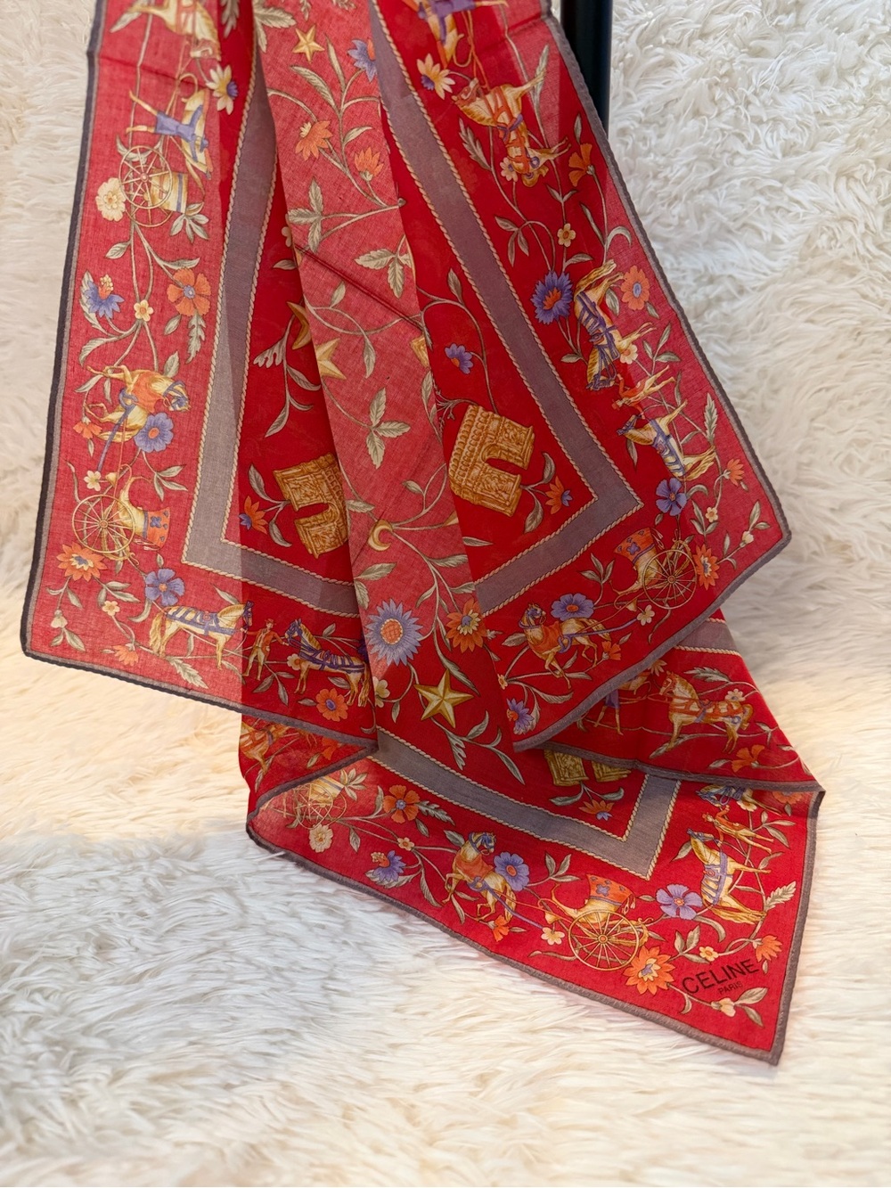Celine Scarf Cotton Red Floral & Carriage, Authentic